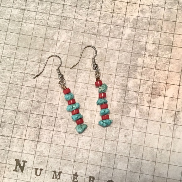 Southwestern turquoise and red corral earrings - Picture 1 of 3